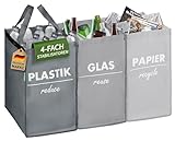 COTTARA® Mülltrennsystem 3 fach Plastik, Glas, Papier | Starker Stand durch 4 x Stabilisatoren | Perfekt als Mülltrenner, Pfandflaschen Aufbewahrung, Recycling-System und Altpapier-Sammler | Grau
